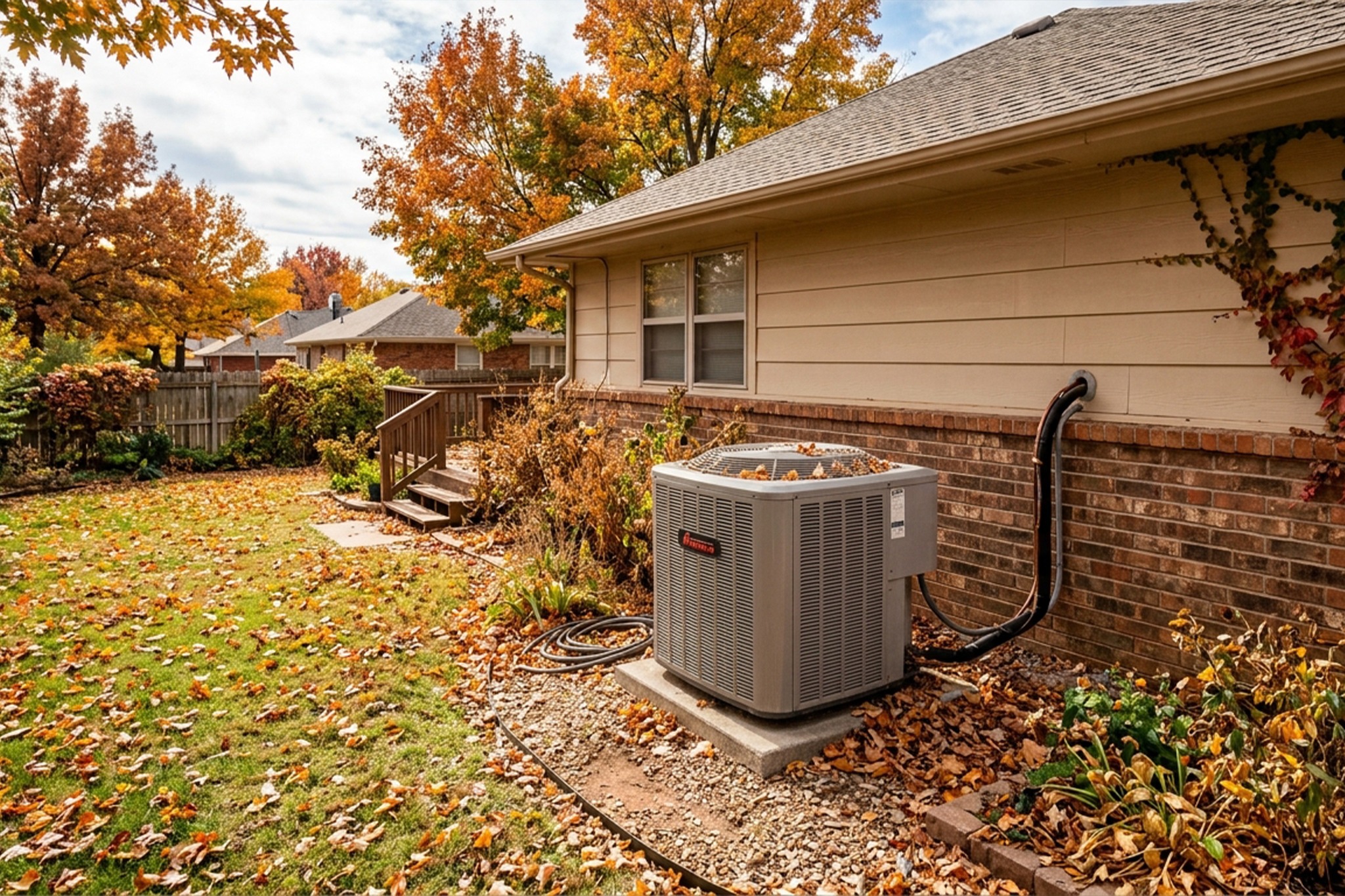 Outdoor AC unit at the end of cooling season at an Oklahoma City home