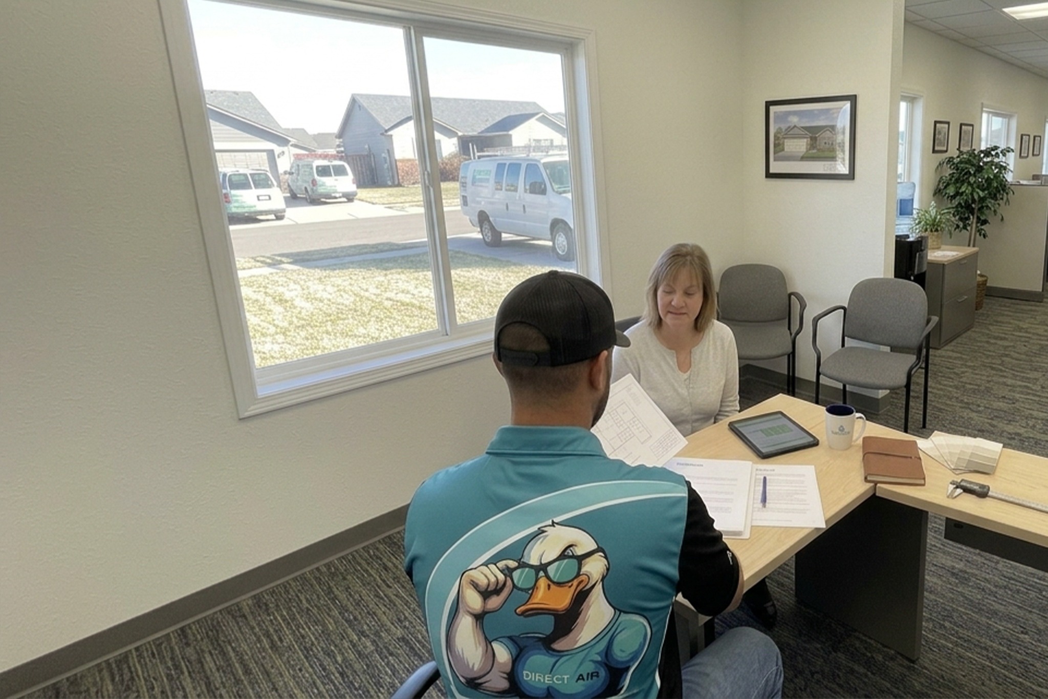 Direct Air technician reviewing an AC installation plan with an Oklahoma City homeowner