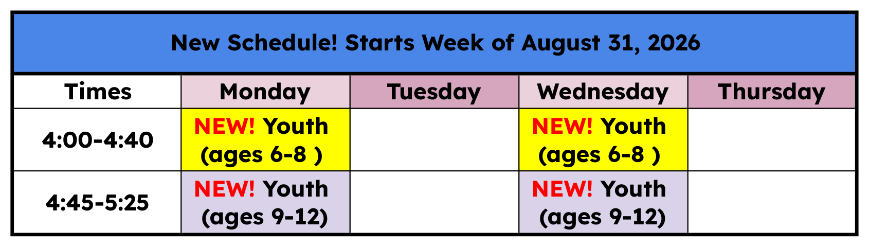 Krav Maga Youth Schedule - New schedule starts week of August 31, 2026