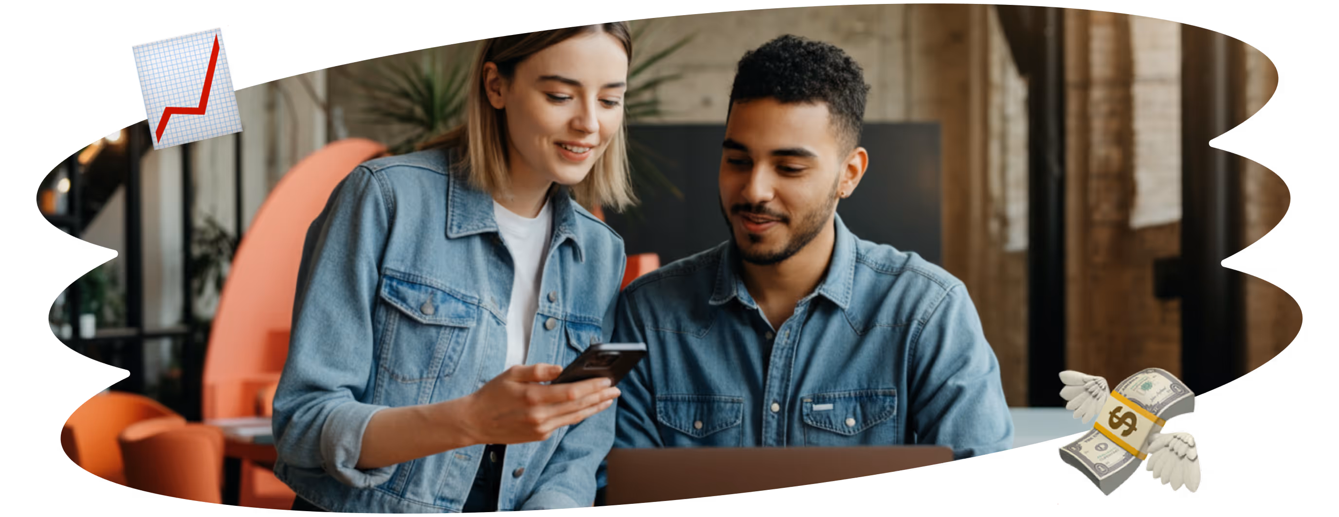 Two young entrepreneurs reviewing Instagram growth strategy on phone and laptop, symbolizing Kicksti’s impact on engagement and revenue.