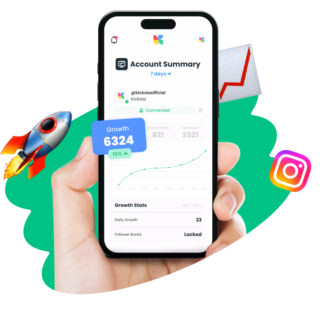 Hand holding a smartphone displaying Instagram growth analytics on Kicksta, with rising graph, growth number, and Instagram icon.