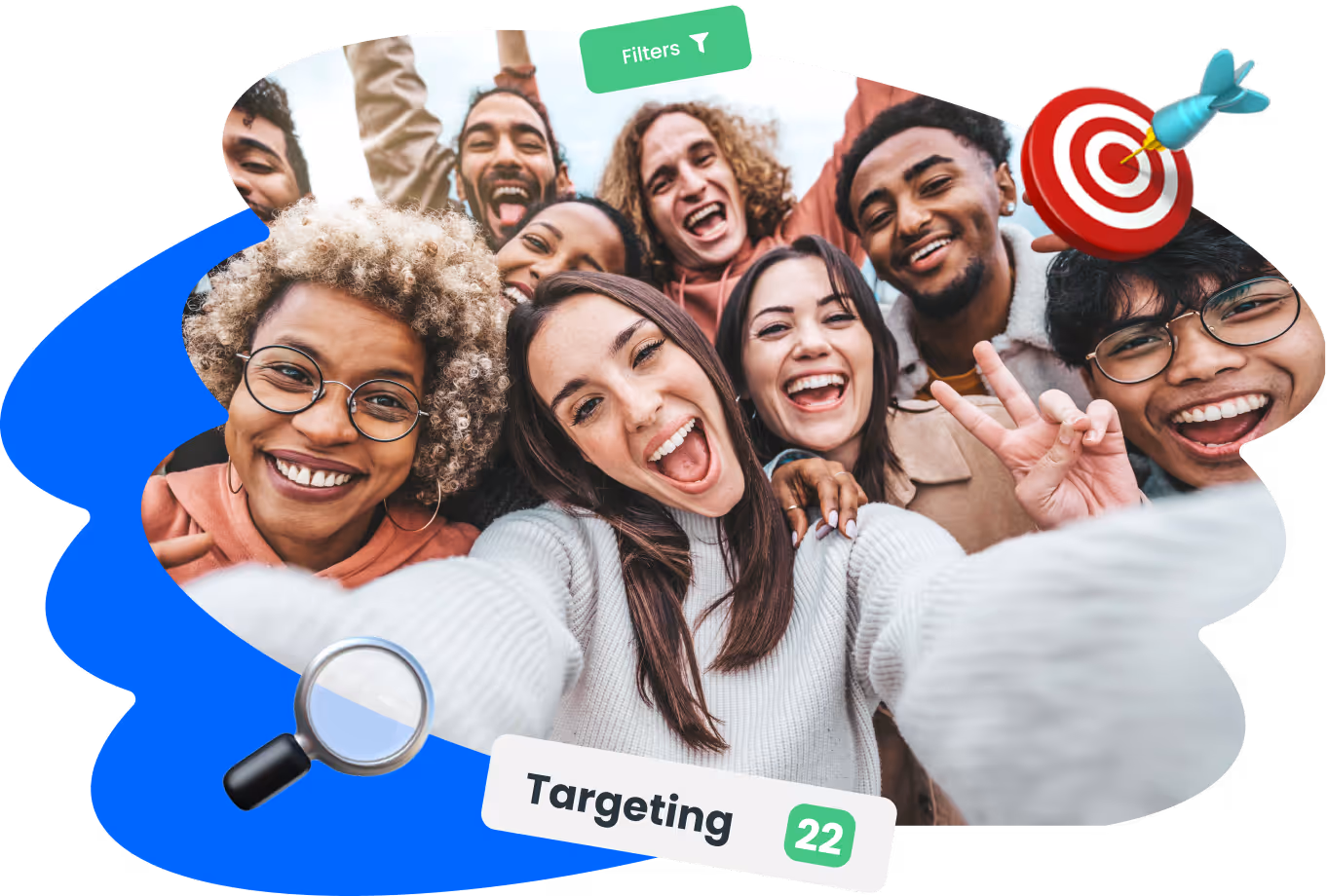 Diverse group of friends smiling and taking a selfie, symbolizing Kicksti’s smart audience targeting and inclusive reach strategy.