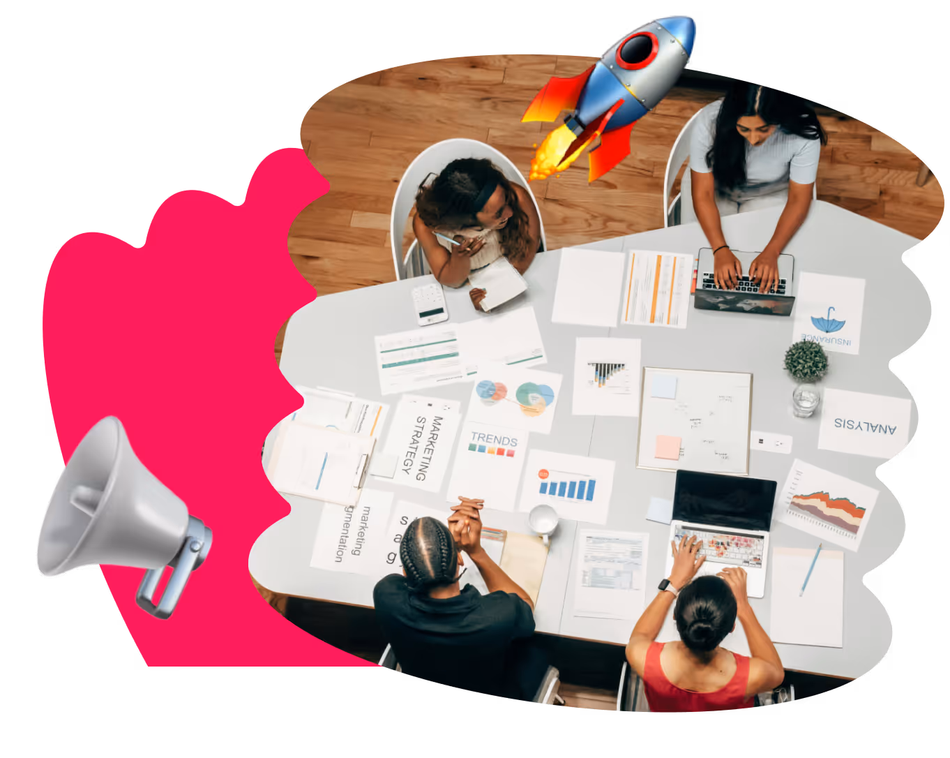 Marketing team brainstorming growth strategies around a table, highlighting Kicksti’s role in scaling digital campaigns through data and automation.