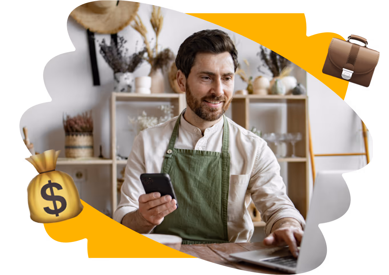 Small business owner using phone and laptop to grow his brand online, illustrating how Kicksti helps entrepreneurs increase visibility and sales.