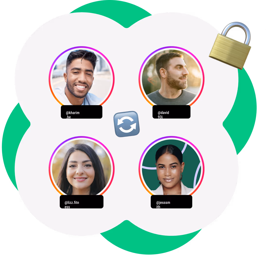 Four Instagram profiles in a secure growth network, representing Kicksti's automated and safe follower engagement system.