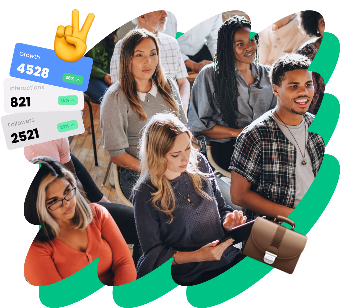 Engaged audience in a seminar setting with Instagram growth stats overlayed, showcasing Kicksti’s measurable increase in followers, interactions, and overall reach.