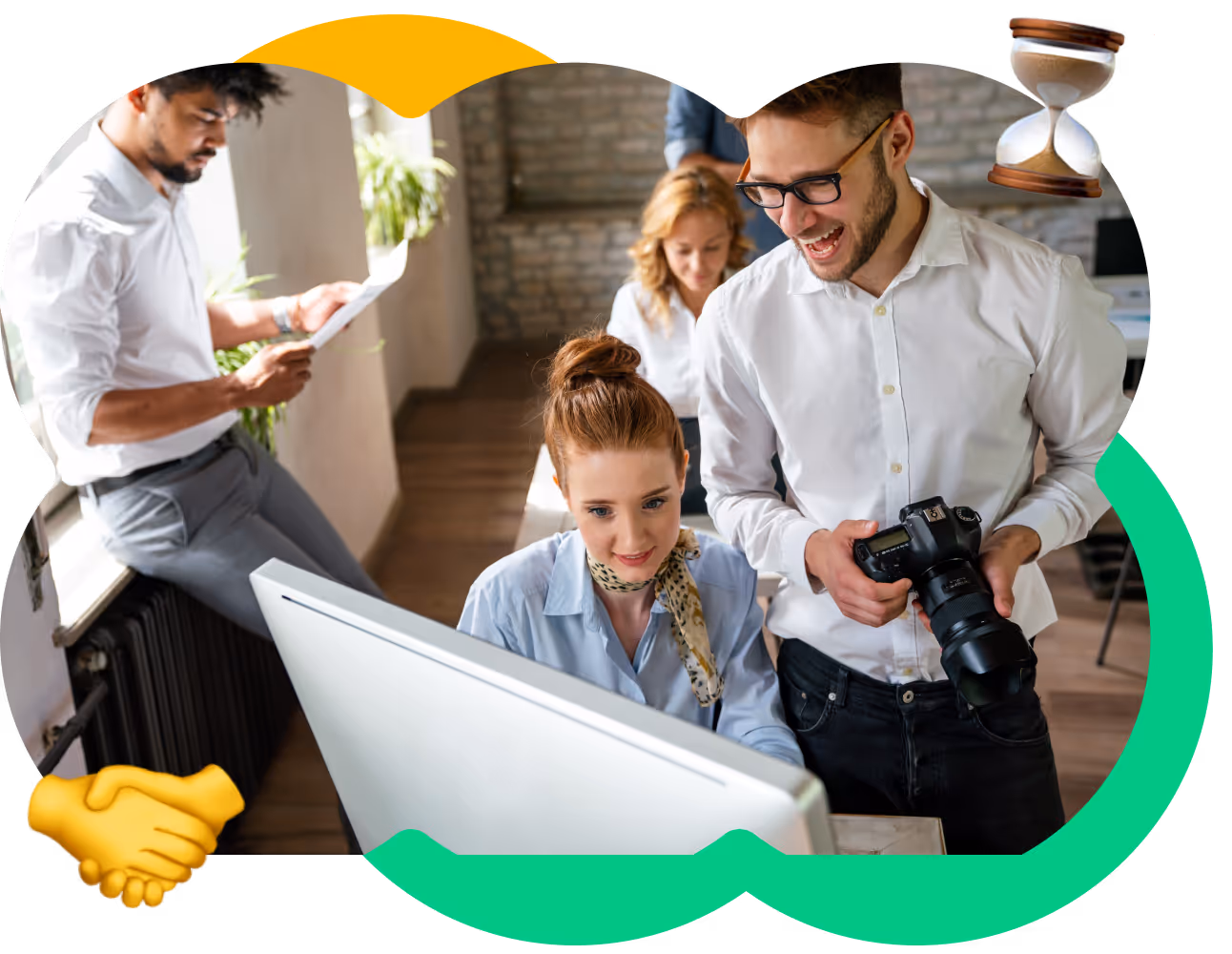 Creative team collaborating on content in a modern workspace, symbolizing Kicksti’s support for content creators and businesses to scale efficiently.