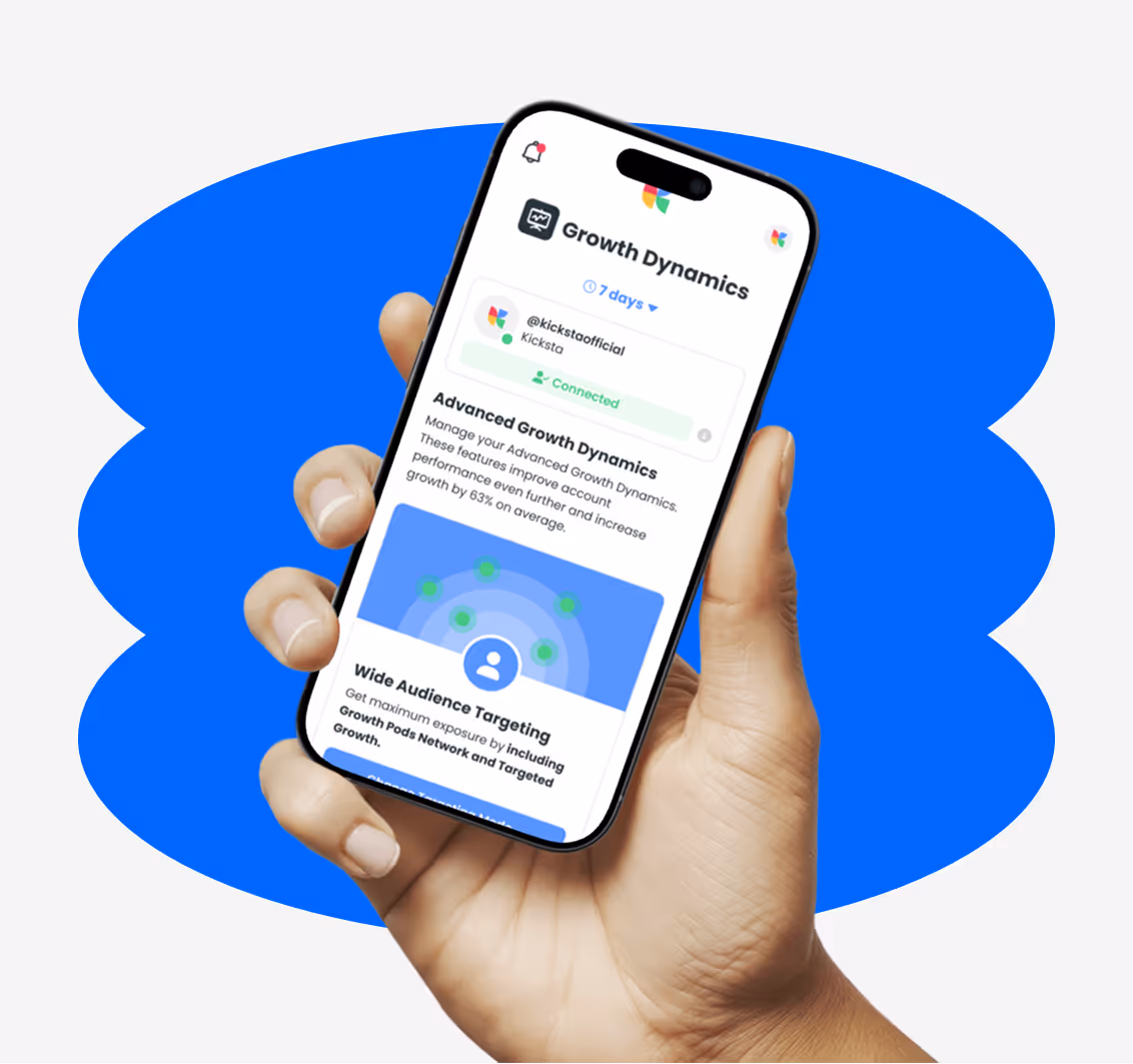 Hand holding a smartphone displaying Kicksti's Growth Dynamics dashboard, highlighting advanced audience targeting and account growth optimization.