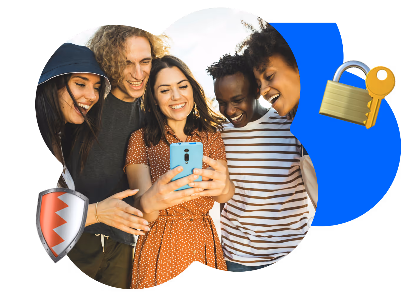 Group of diverse young adults smiling while looking at a phone, representing Kicksti's secure and trusted growth platform.