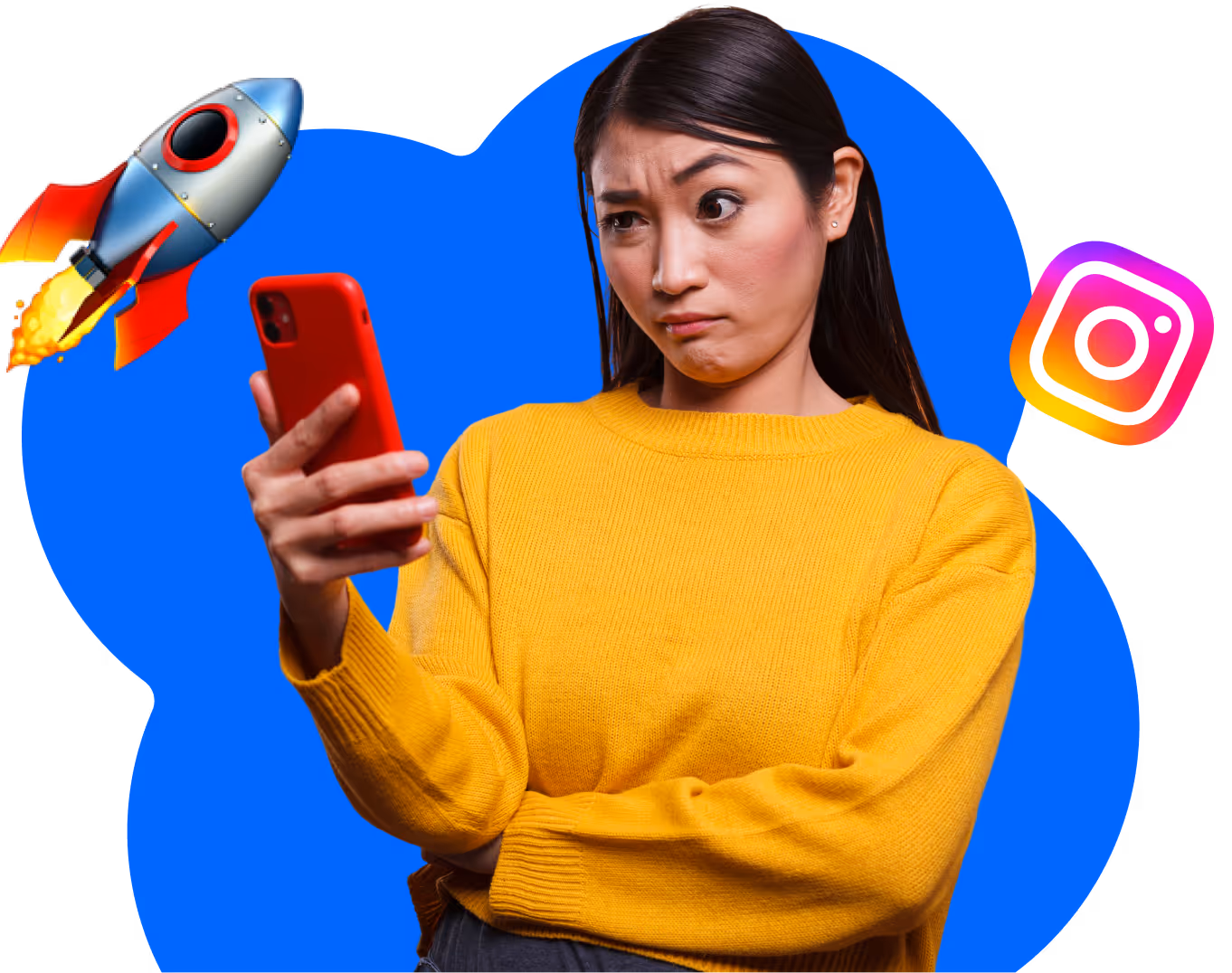 Confused woman looking at her phone, with a rocket icon symbolizing slow Instagram growth and the Instagram logo floating beside her.