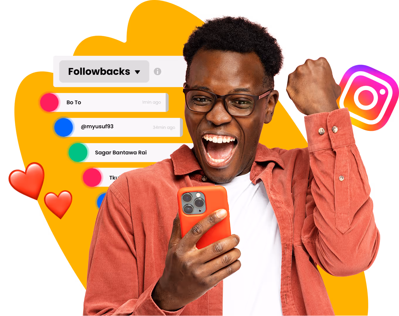 Excited man holding a smartphone celebrating new Instagram followers, with heart emojis and followback notifications in the background.
