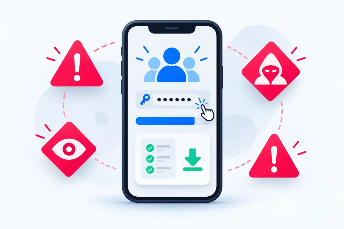 Red flags of a free Instagram follower app: a password request, a stuck progress bar and a survey or download prompt