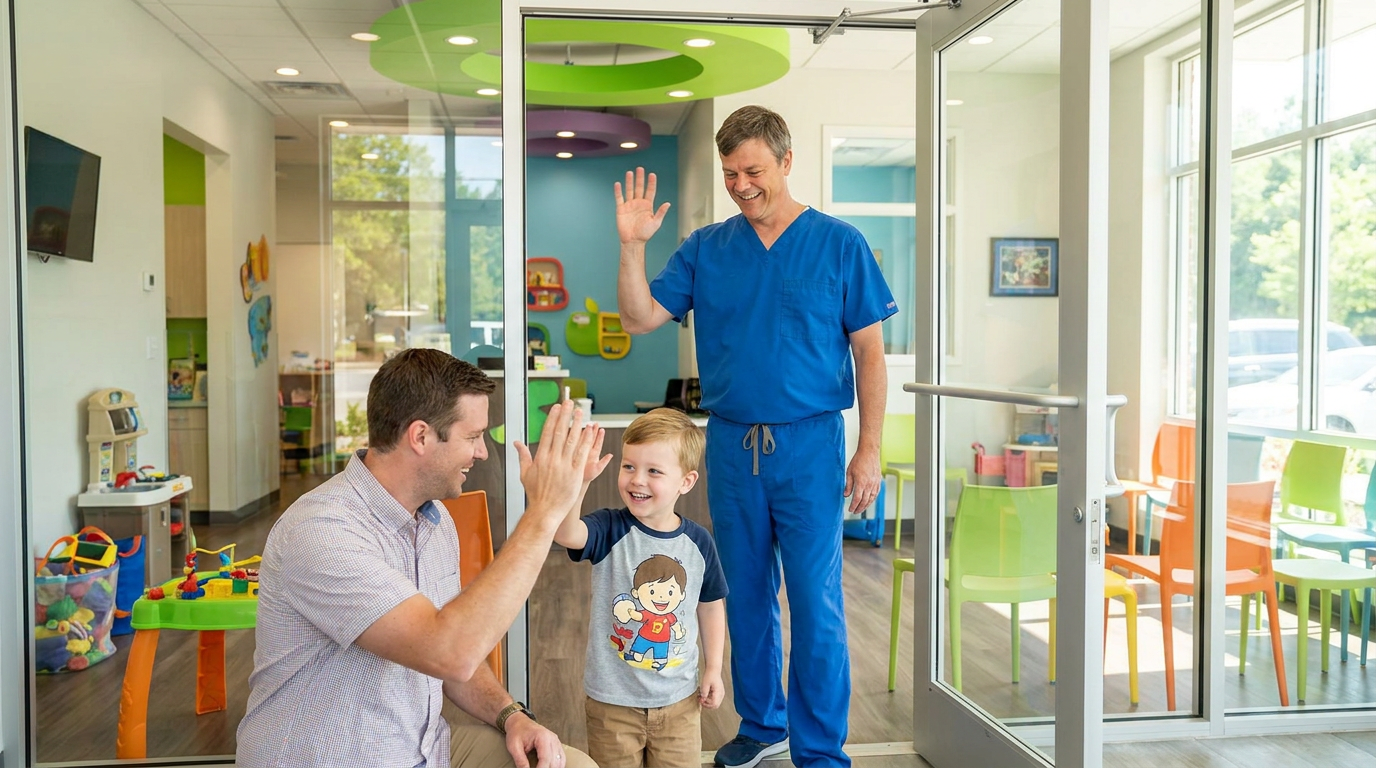 Ryan, gives a reassuring high-five to his son, Ethan, a happy-looking 5-year-old boy, as they exit a modern pediatric dental office.