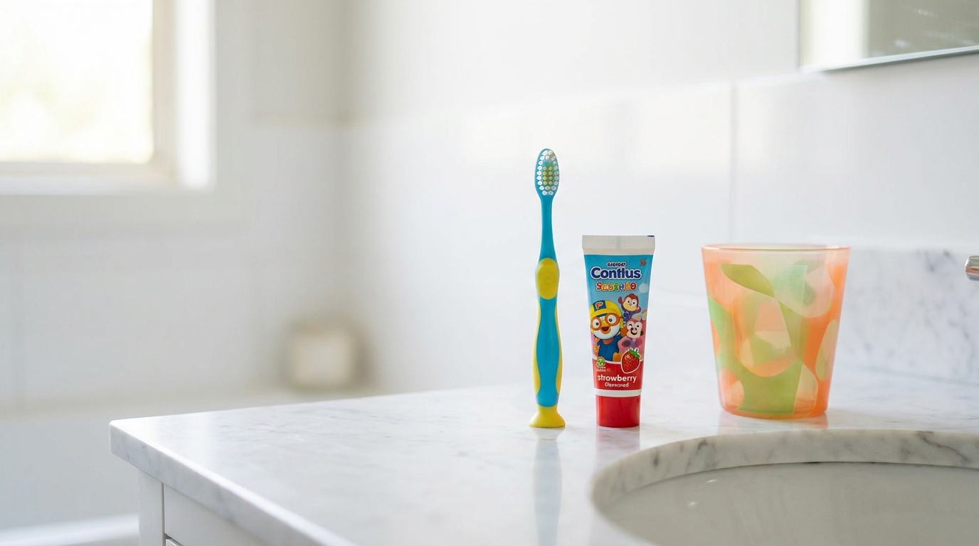 A child's toothbrush and a small tube of children's toothpaste stand upright on a clean, white bathroom counter next to a colourful rinse cup.
