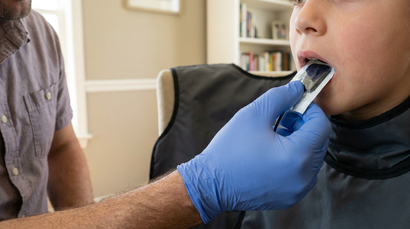 A close-up of a digital X-ray sensor being gently held by a dental assistant's gloved hand towards a child's mouth (child's face out of frame, focus on the sensor and a small portion of the mouth).