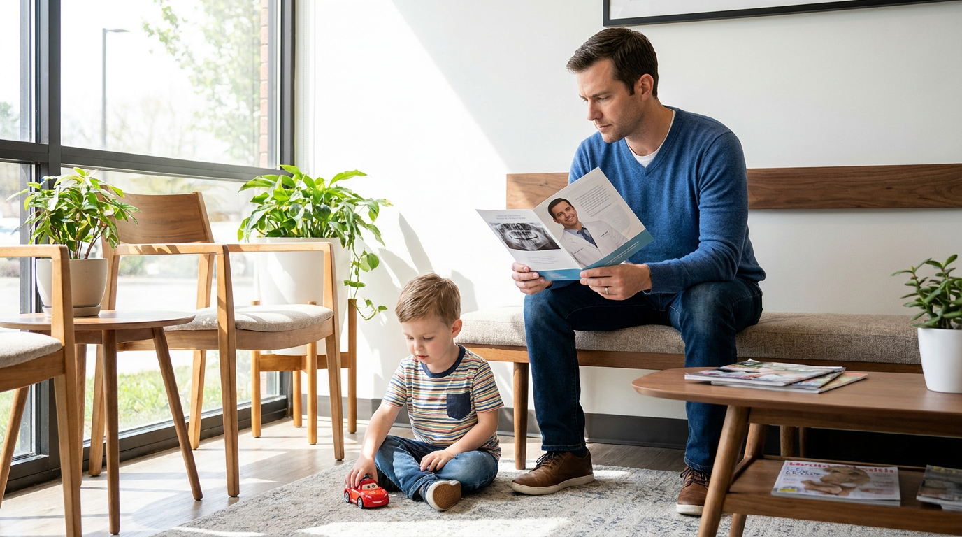 Ryan, sits in a modern dental office waiting area, looking intently at a brochure about dental X-rays with a thoughtful expression.