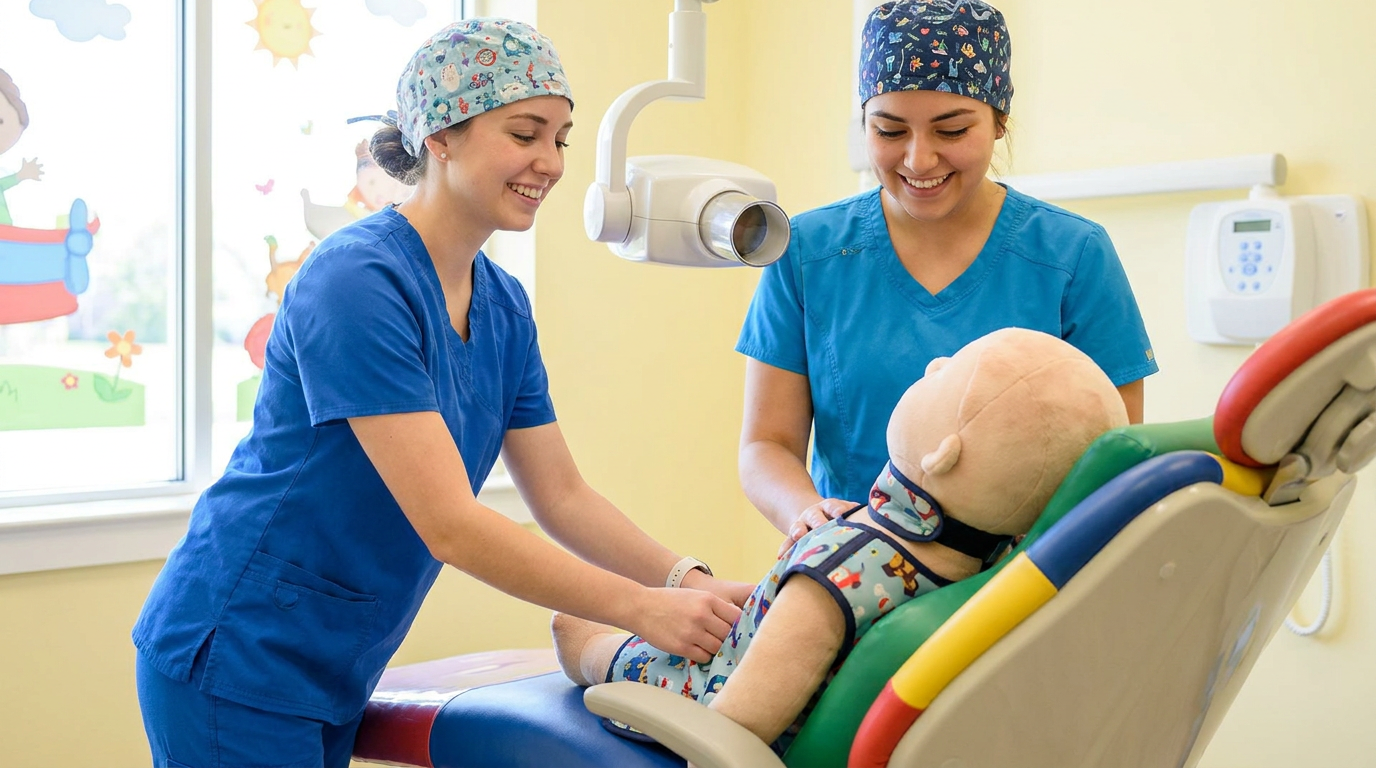 A dental assistant, with a warm smile, demonstrates the placement of a lead apron and thyroid collar on a friendly, child-sized mannequin in a bright, child-friendly dental operatory.