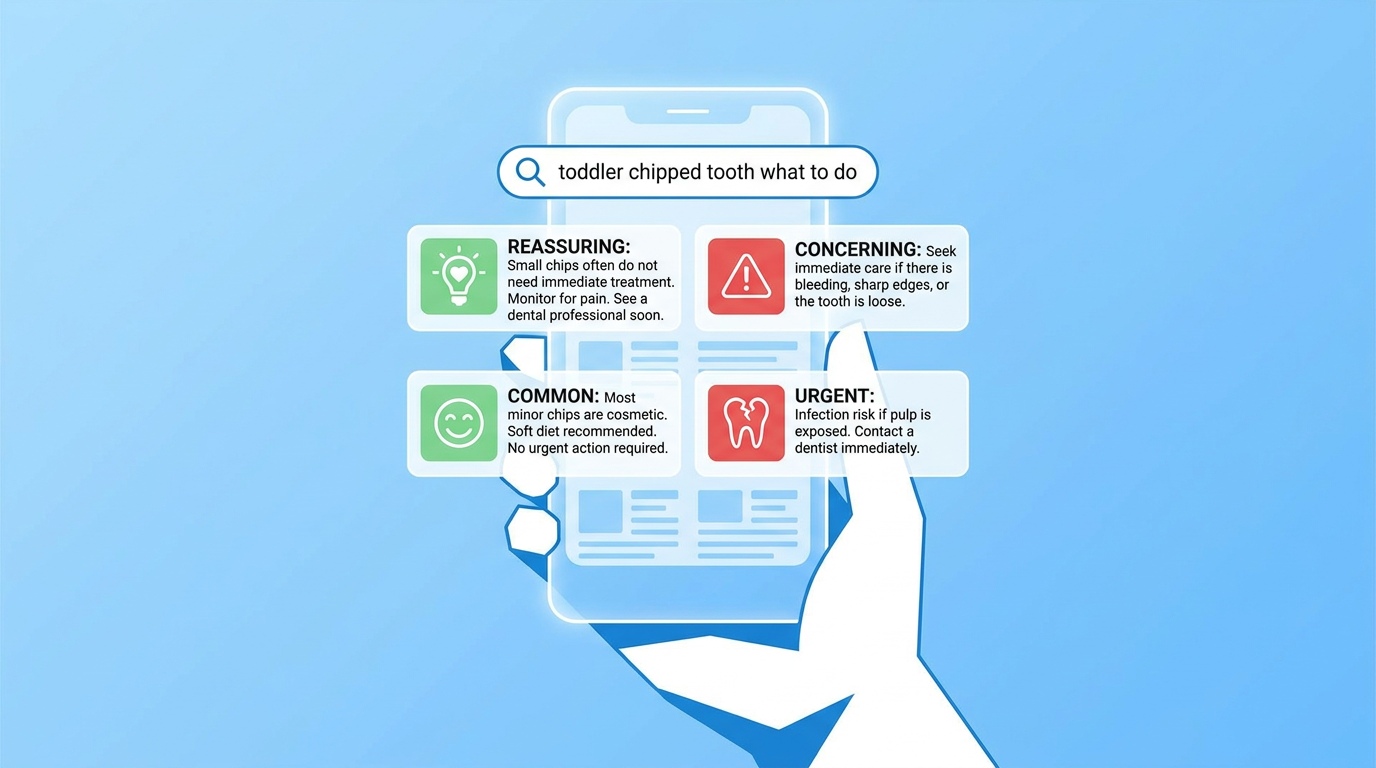 Minimal text callout visual: A hand holding a smartphone displaying a search bar with "toddler chipped tooth what to do" and several article snippets below, some reassuring, some concerning.