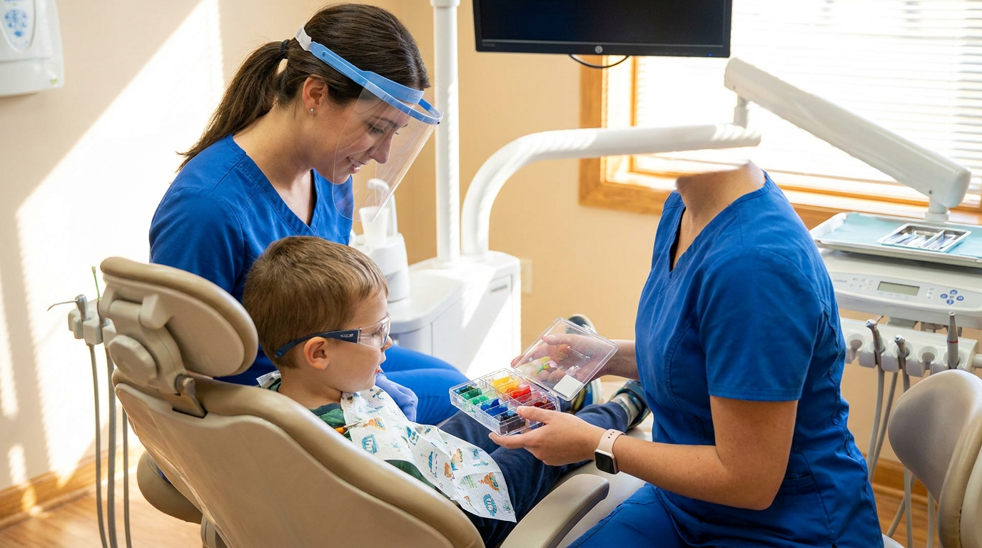 Photorealistic scene of a dental assistant, Ashley,, gently helping a young child in a dental chair, showing them a small, colorful selection of composite materials.