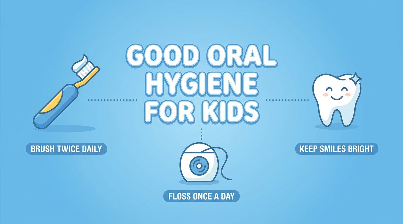 Minimal text callout-style visual depicting "Good Oral Hygiene for Kids" with icons of a toothbrush, floss, and a healthy tooth.