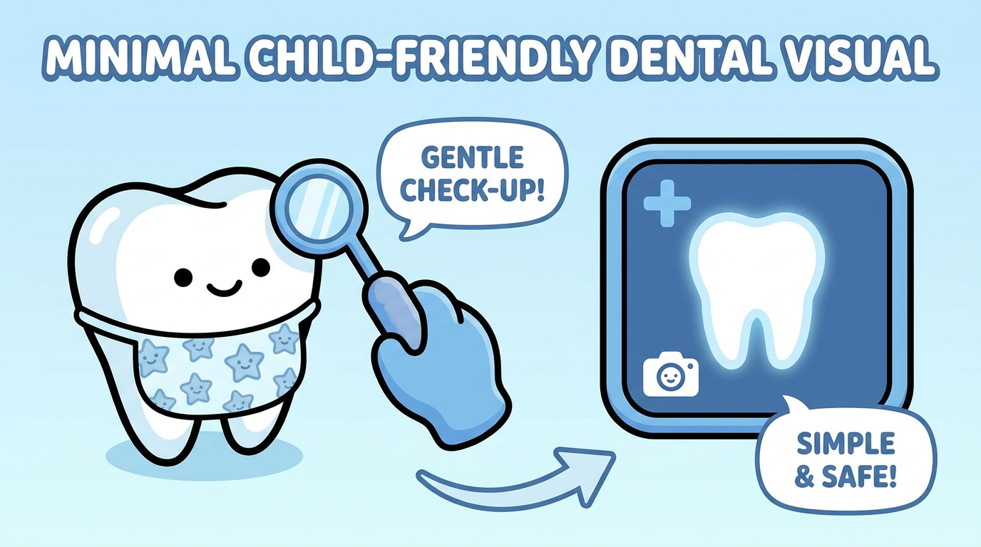 Minimal text infographic-style visual representing a child-friendly dental examination.