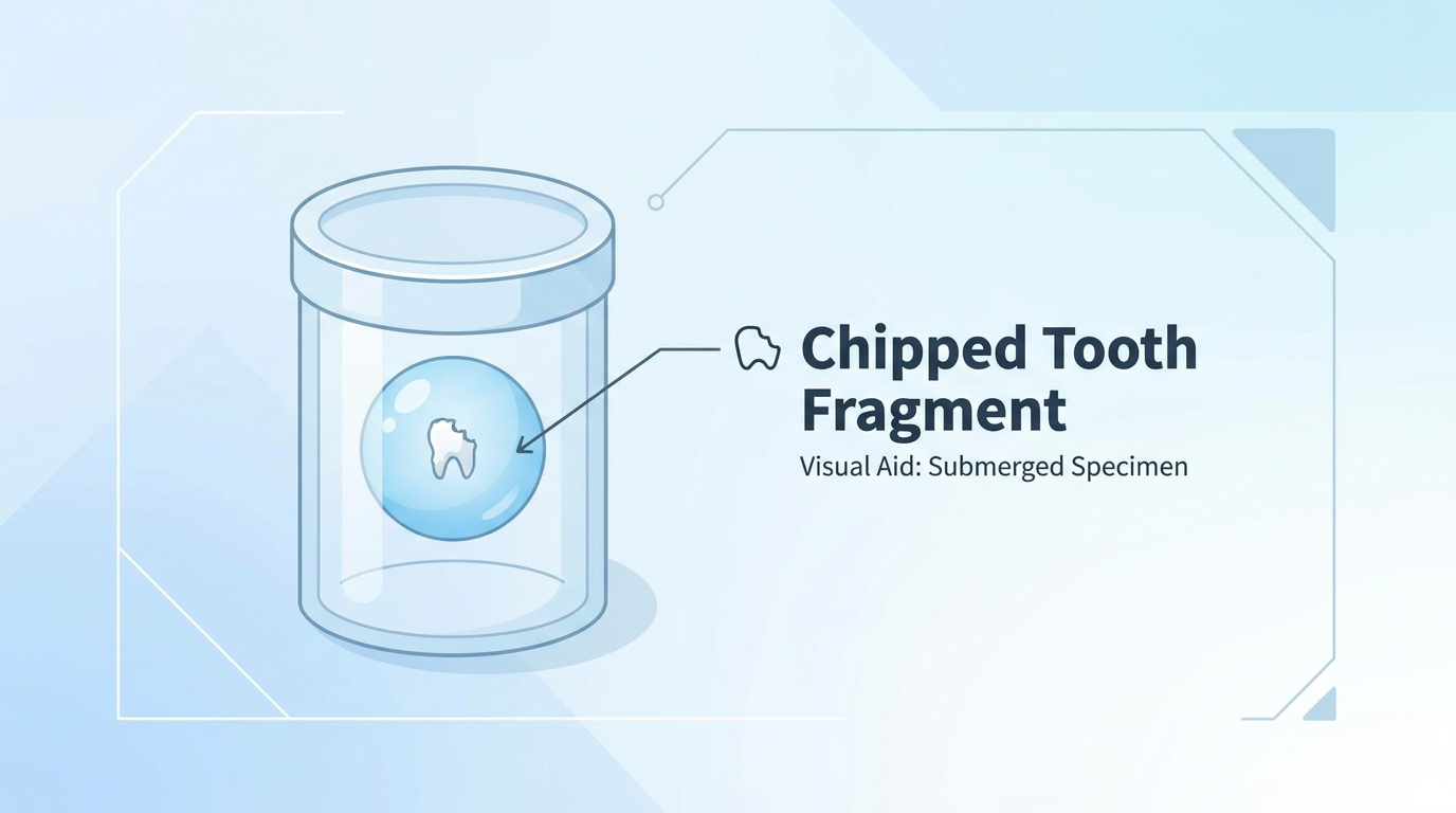 Close-up infographic-style visual showing a small, clear container with a tiny tooth fragment submerged in a drop of water, labeled "Chipped Tooth Fragment."