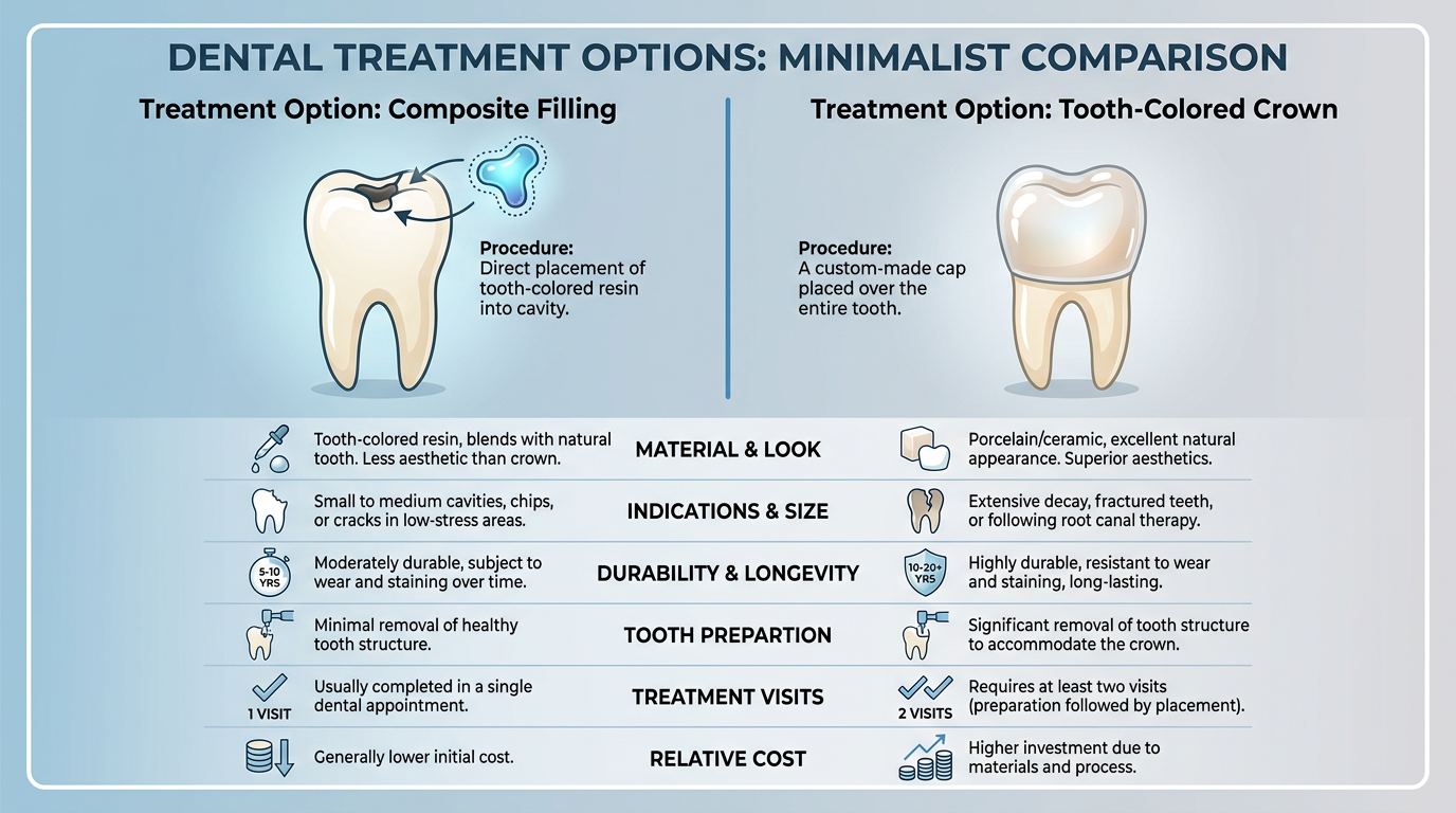 Minimal text table-style comparison visual, featuring two columns: "Treatment Option: Composite Filling" with a natural-looking tooth graphic, and "Treatment Option: Tooth-Colored Crown" with a tooth graphic showing a crown.