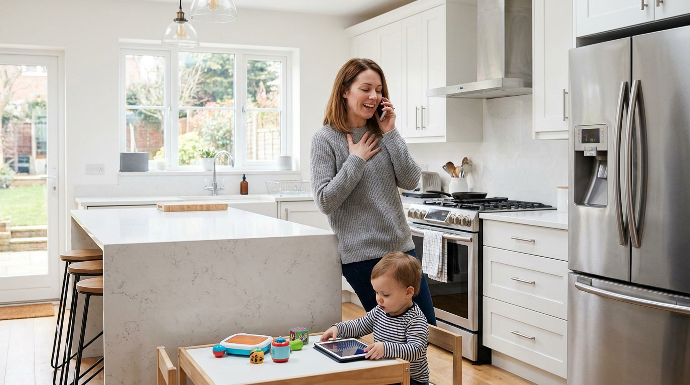 Photorealistic scene of a woman, Lauren, on the phone, looking relieved, in a bright, modern kitchen.