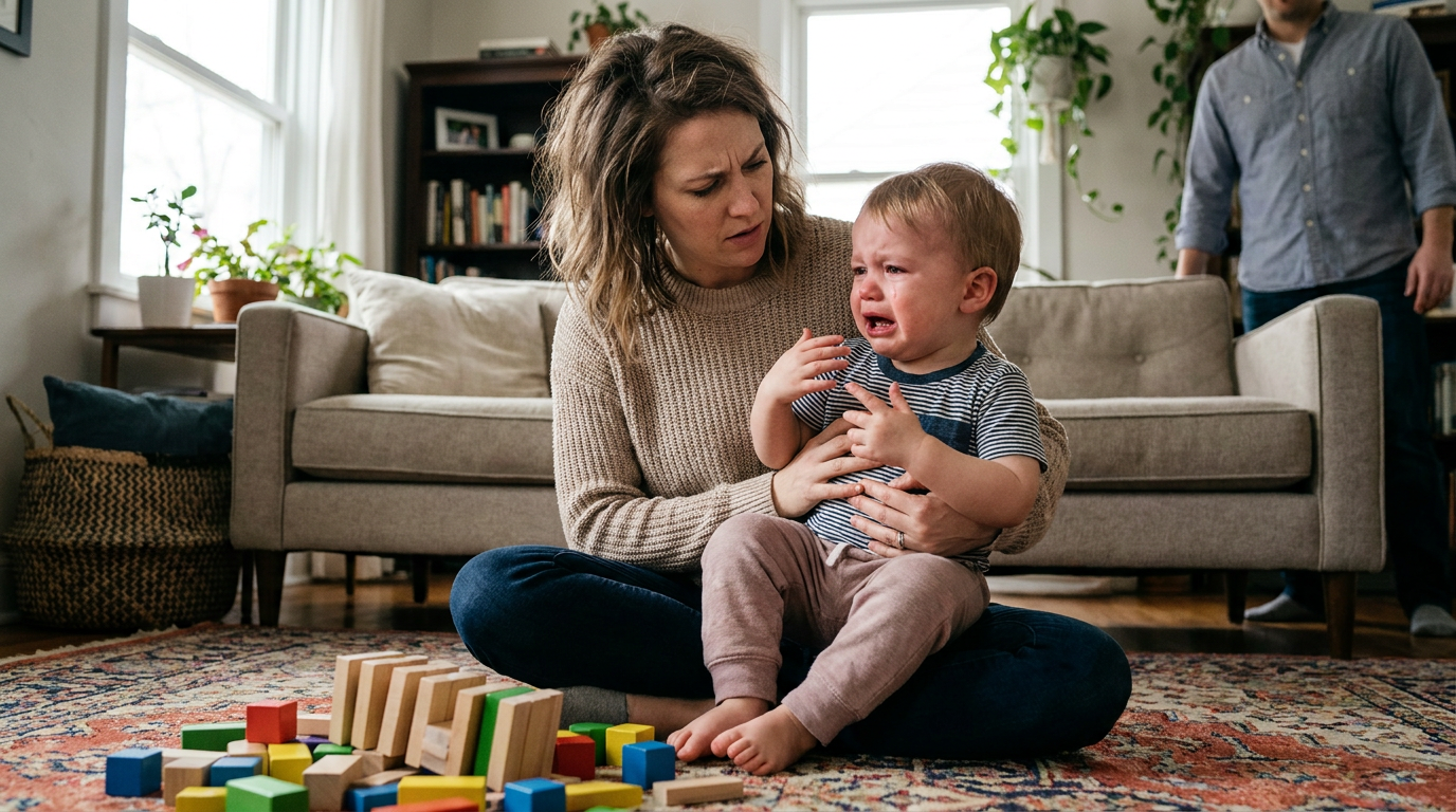 Photorealistic scene of a woman, Lauren, holding her crying toddler, Jacob, in a living room, looking at his mouth with a worried expression.