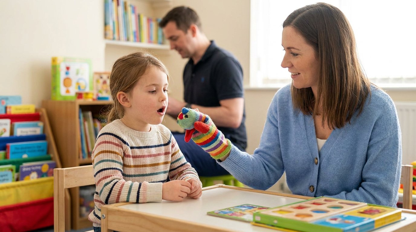 A young girl, about 6 years old, struggling to pronounce words during a speech therapy session.