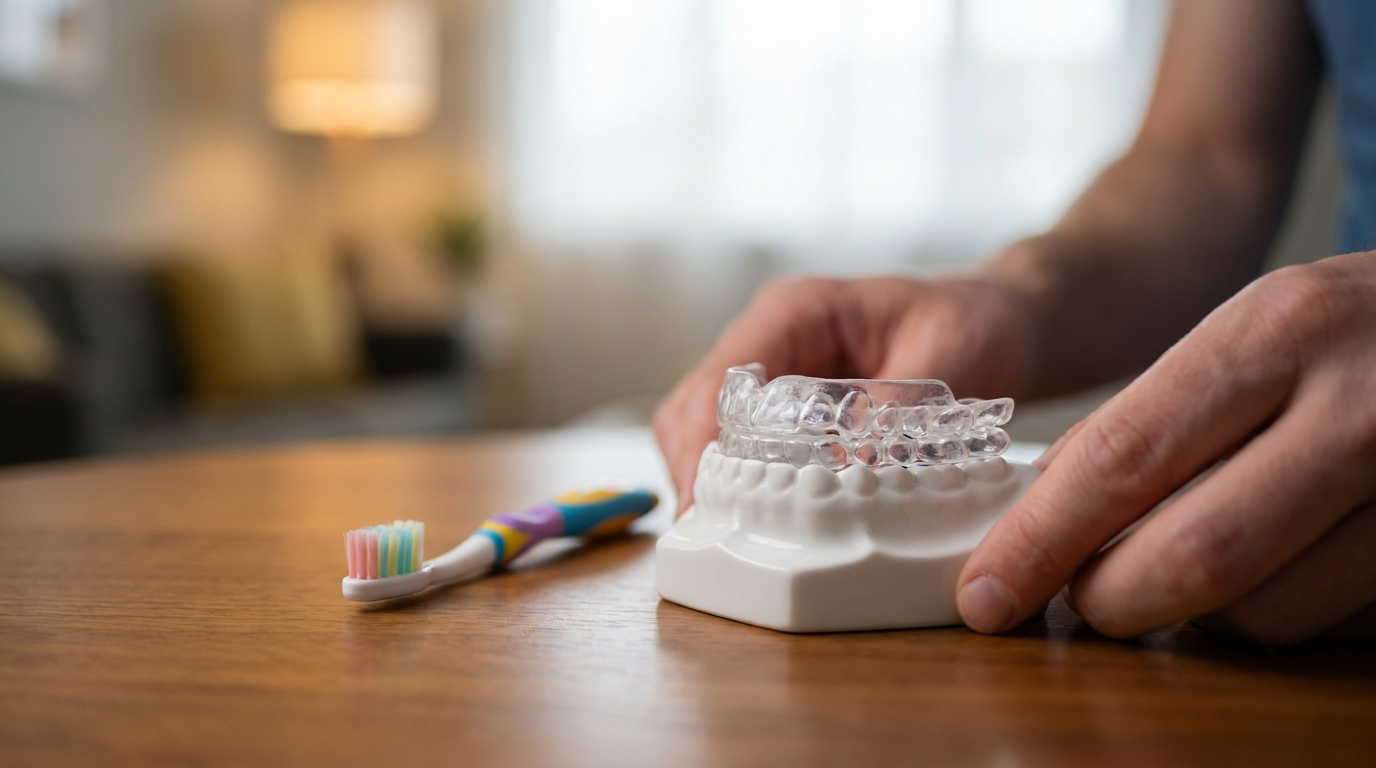 A specialized, transparent habit breaker oral appliance resting on a clean, white dental tray, with a small child-sized toothbrush positioned next to it, symbolizing professional intervention and oral hygiene.