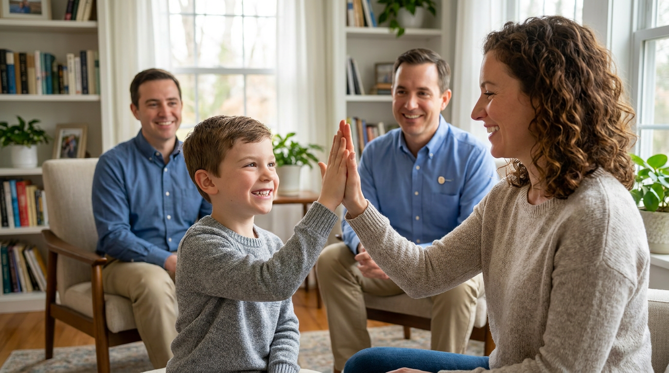 Paige, a cheerful woman in her 30s, and her son, about 7 years old, sharing a high-five in their brightly lit living room.