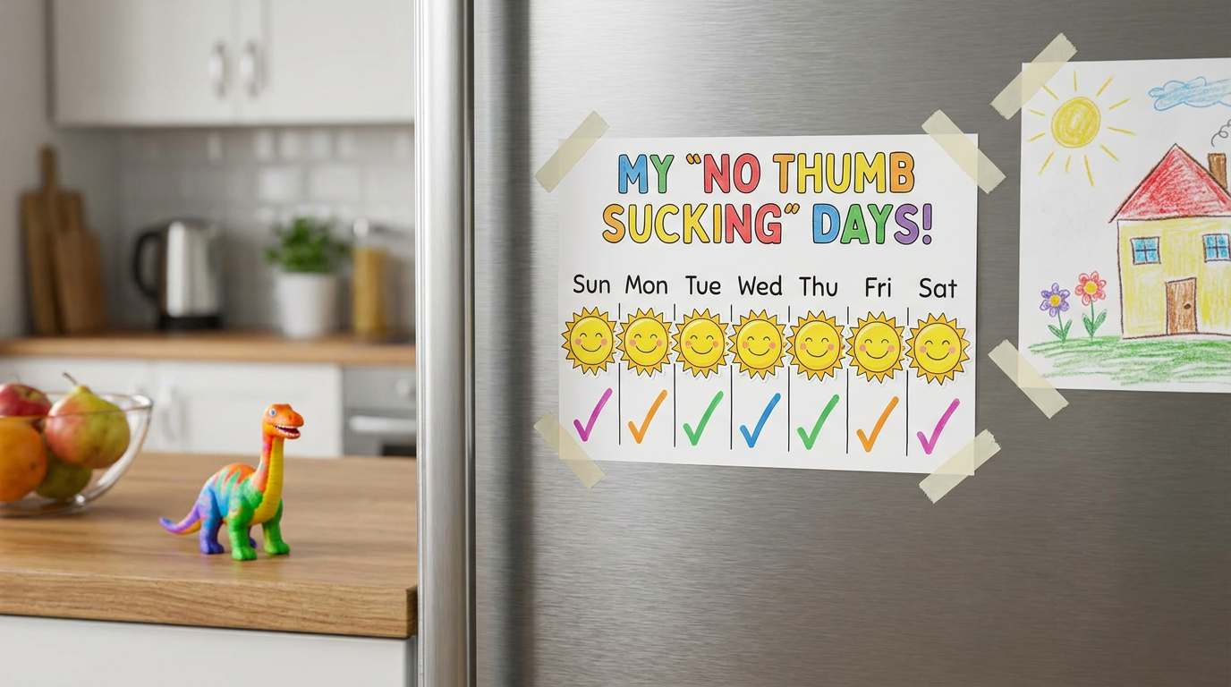 A vibrant sticker chart on a refrigerator, showing a sequence of smiling sun stickers, each representing a day the child did not suck their thumb.