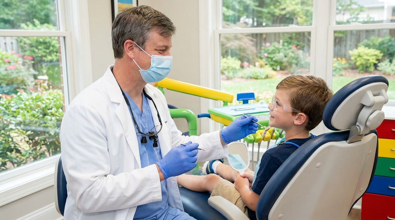 Dr. Tyler Driggers, wearing a white lab coat, blue scrubs, a blue face mask, and blue gloves, holds dental tools while looking at a boy in a dental chair.
