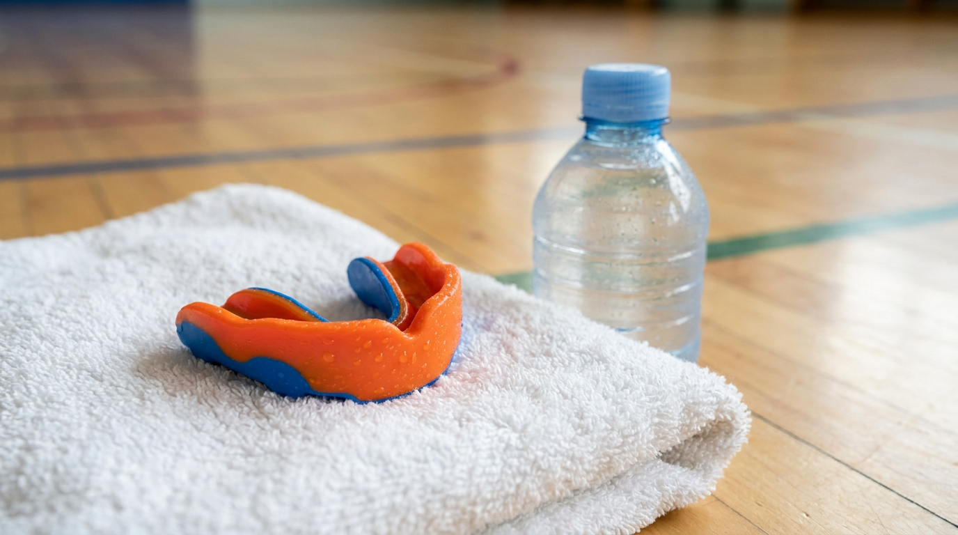 A wet, orange and blue mouthguard rests on a white towel next to a water bottle on a blurred wooden gym floor.