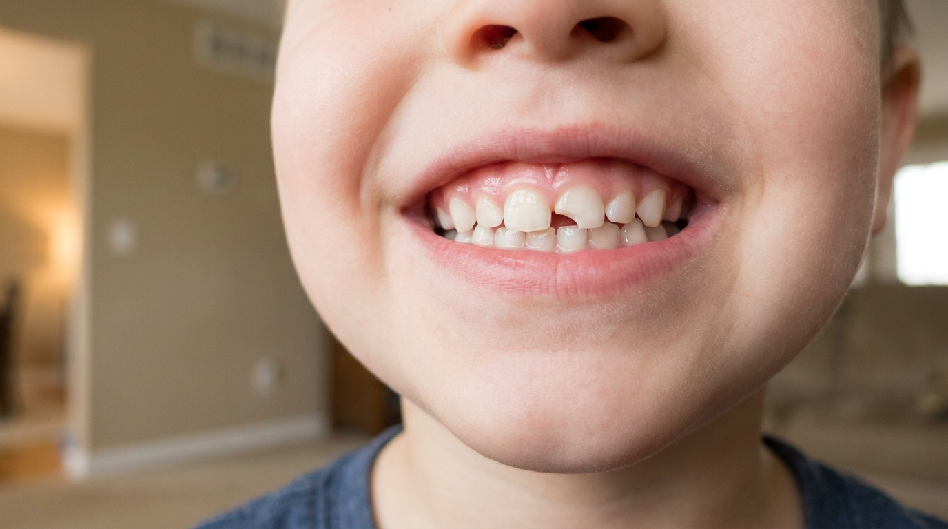 A close-up of a child's mouth shows their upper teeth, one of which has a small chip on the incisal edge, with a blurred room in the background.