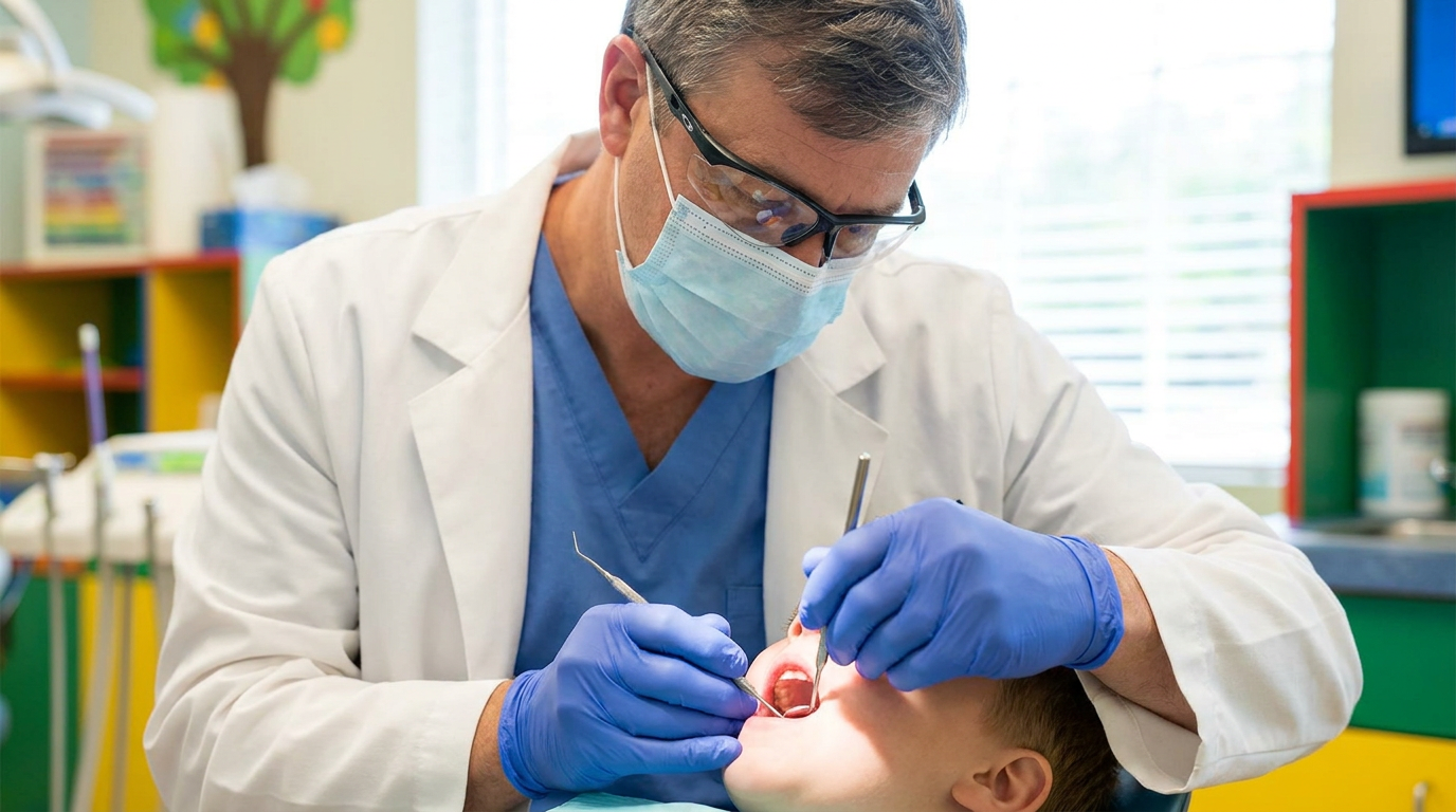 Dr. Tyler Driggers, wearing a white lab coat, blue scrubs, a face mask, and safety glasses, leans over a child to examine their open mouth with a dental mirror and probe, while wearing blue gloves.