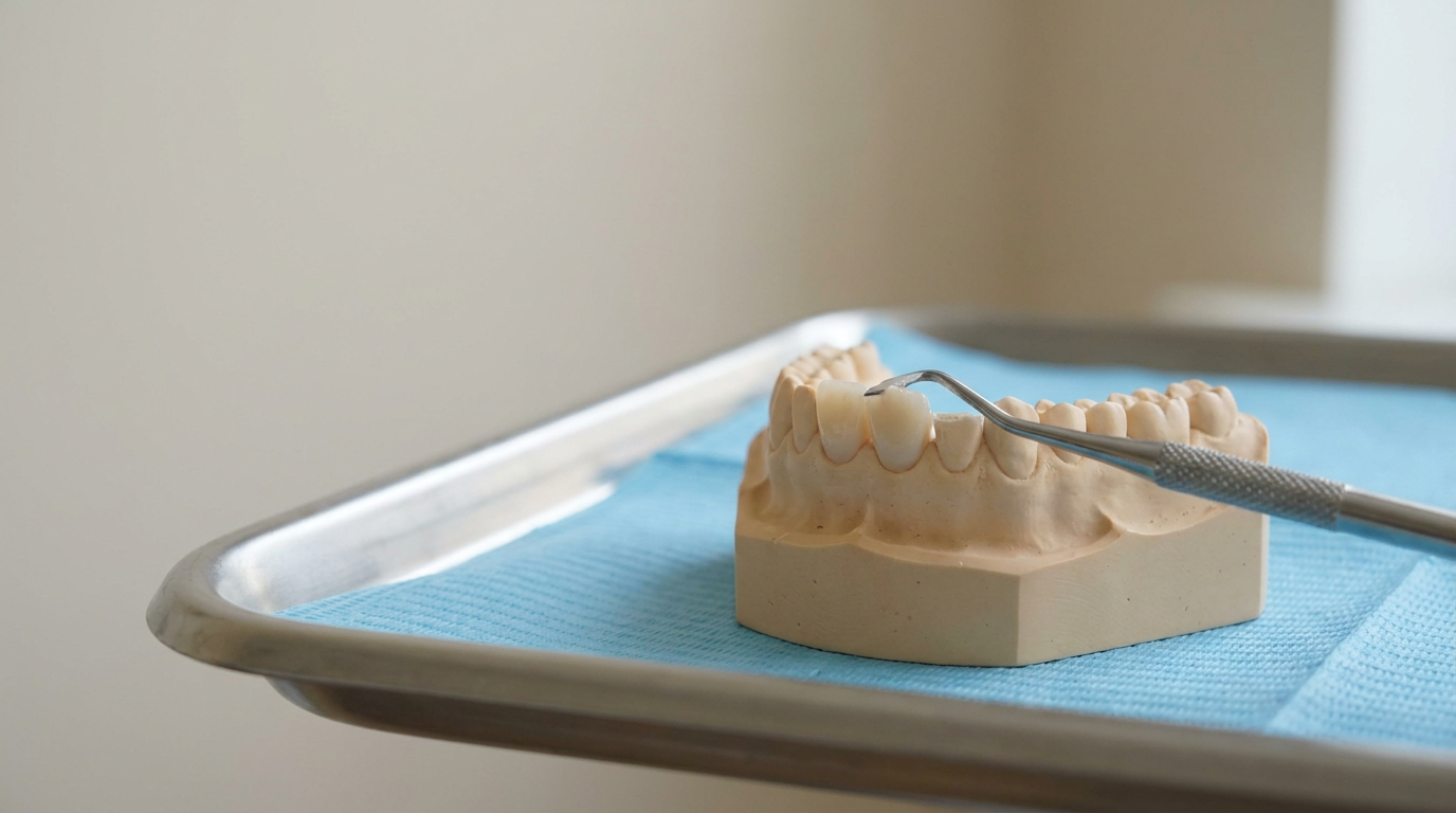 A dental model of a lower jaw with a dental tool resting on top of it, all on a blue paper mat in a metal tray.