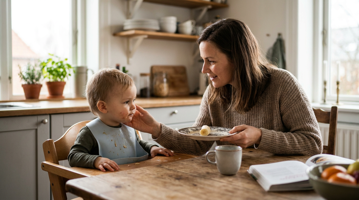 A mother offers a banana slice on a plate to a baby in a high chair, gently touching the baby's cheek, in a kitchen with a window and plants.