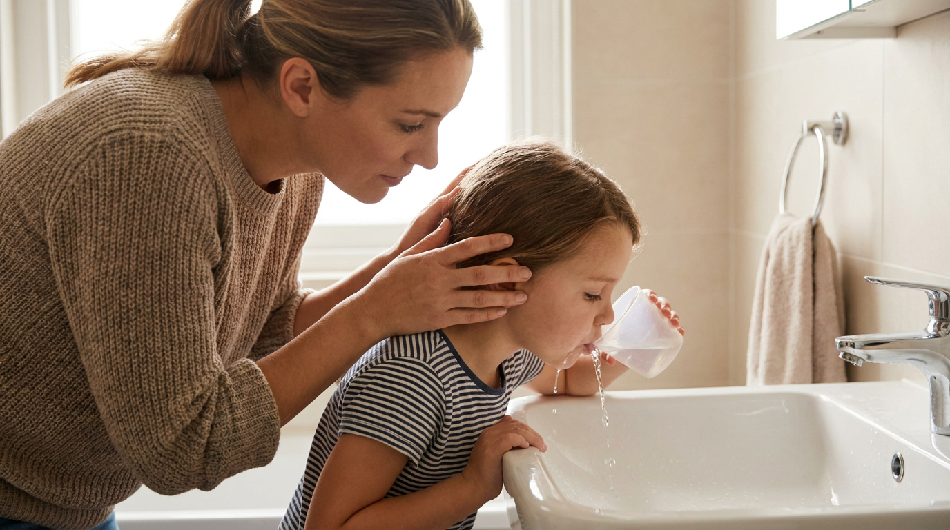 A woman in a brown sweater gently holds a girl's head as the girl rinses her mouth with water from a cup into a white bathroom sink.