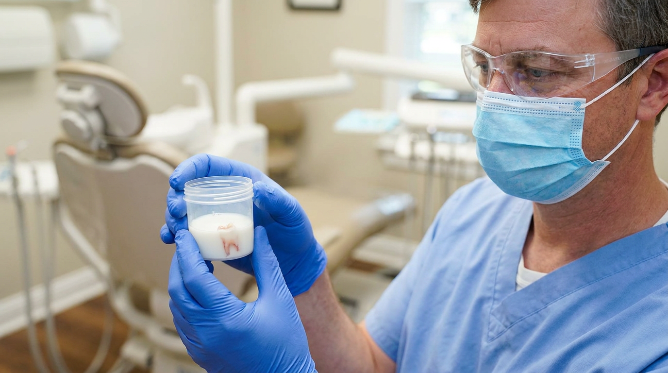 A person in blue scrubs, safety glasses, and a surgical mask holds a small container with a tooth in milk, with a dental examination room in the blurred background.