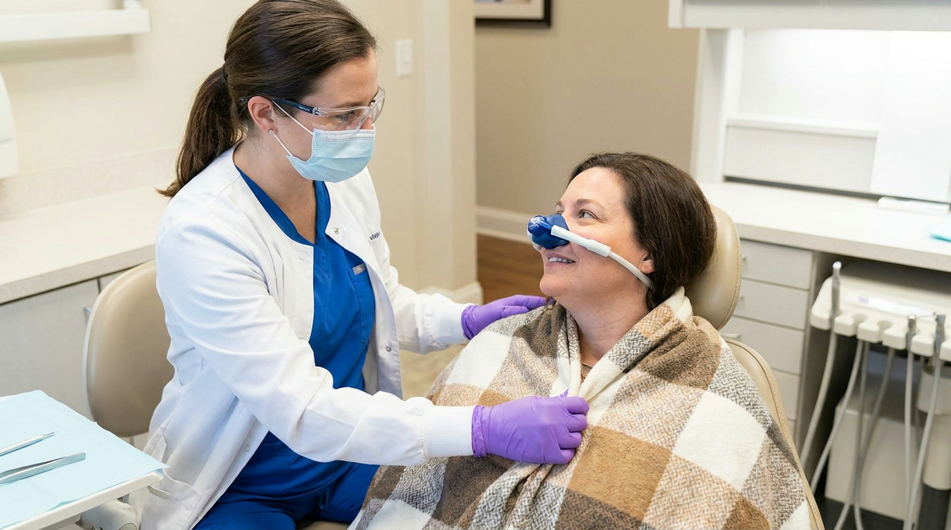Dr. Tyler Driggers, wearing a white lab coat, blue scrubs, mask, and safety glasses, gently places a brown and white plaid blanket over a patient wearing a nasal mask, seated in a dental chair in a brightly lit room.