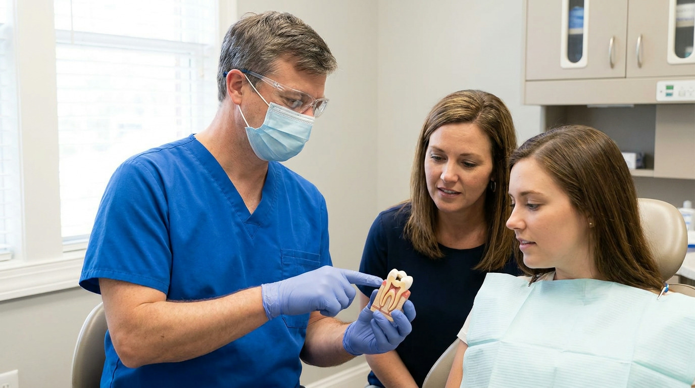 Dr. Tyler Driggers, wearing blue scrubs, a mask, and safety glasses, points to a dental model showing a tooth with a filling while explaining to two women in a dental office.