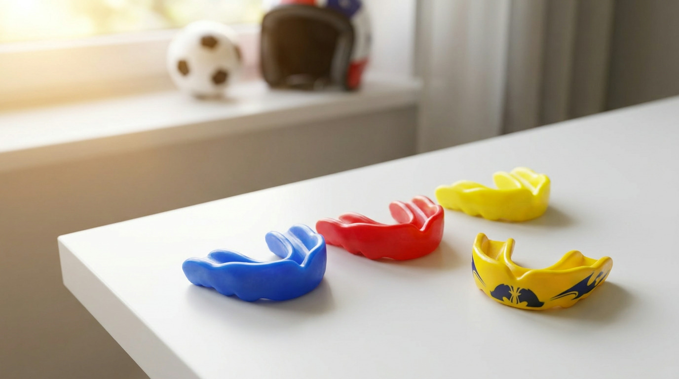 Three colorful mouthguards in blue, red, and yellow are arranged on a white table, with a blurred background showing a small soccer ball and a helmet on a windowsill with sunlight streaming in.