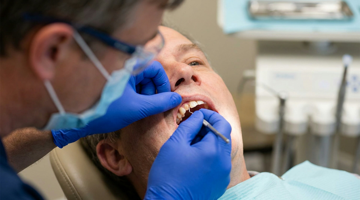 A dentist wearing blue gloves and a face mask examines a patient's open mouth with a dental instrument in a dental chair.