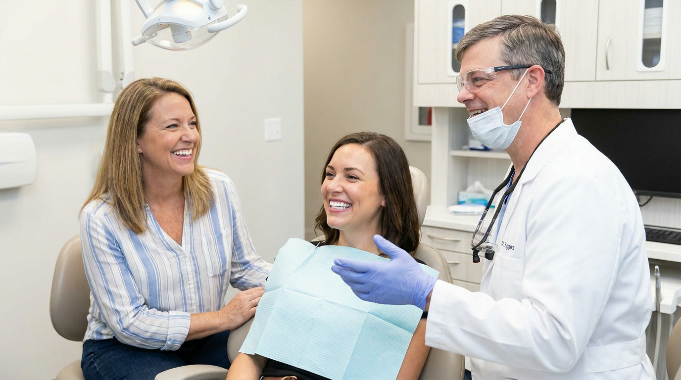 Dr. Tyler Driggers, wearing a white lab coat, mask, and safety glasses, smiles and gestures towards a patient with a light blue dental bib, who is smiling in a dental chair, while another woman in a striped shirt smiles beside them.