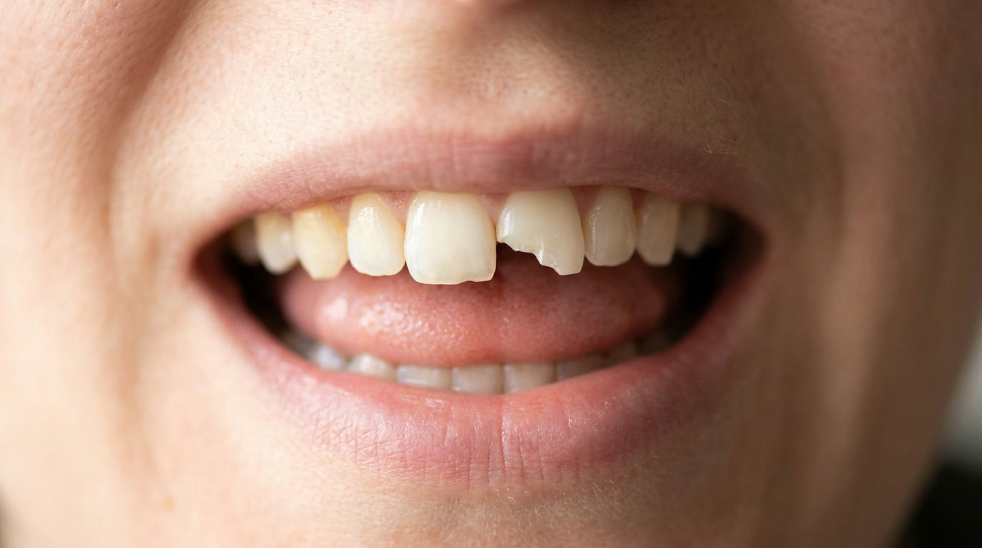 A close-up of a person's mouth with a chipped upper front tooth, slightly open to reveal the tongue.