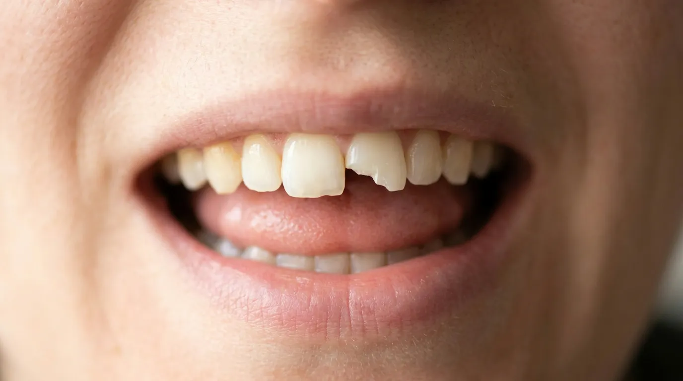 A close-up of a person's mouth with a chipped upper front tooth, slightly open to reveal the tongue.
