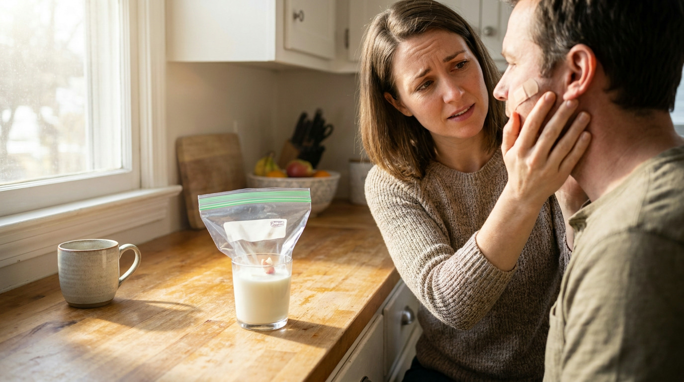 A woman with a concerned expression gently touches a man's face, which has a bandage on his cheek, as a glass of milk with a tooth fragment in a plastic bag sits on a kitchen counter.