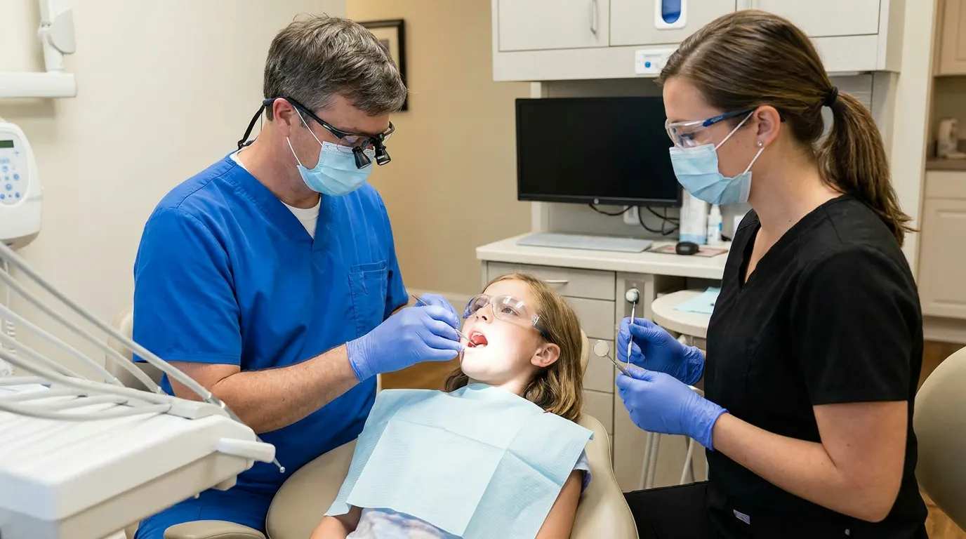A male dentist in blue scrubs, mask, and loupes examines a child patient wearing safety glasses and a bib in a dental chair, while a female assistant in black scrubs, mask, and safety glasses stands nearby holding an instrument.